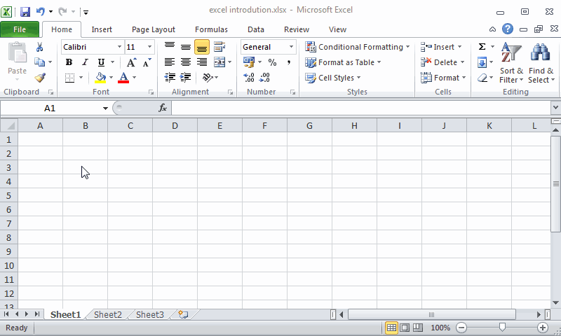 Example of selecting cells, rows, columns, ranges and worksheets.