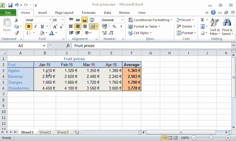Example conditional formating of values above or below the average.