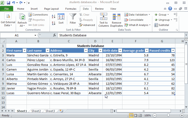 Example of filtering a database with a single filter.