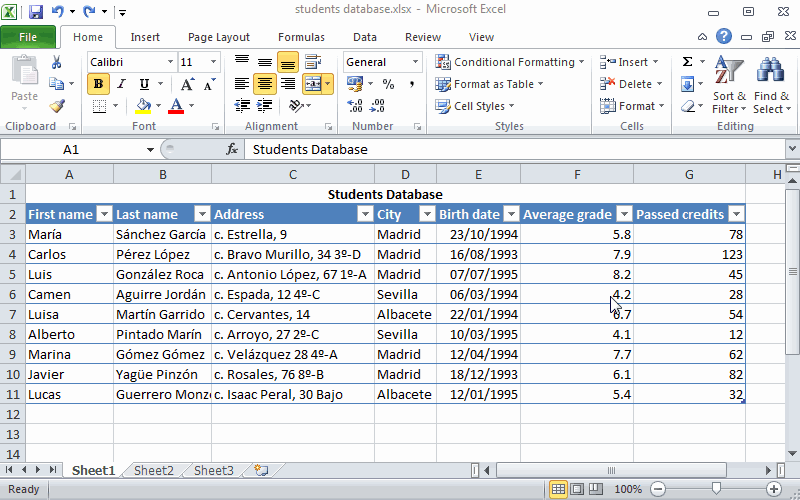 Example of sorting a database on a single field.